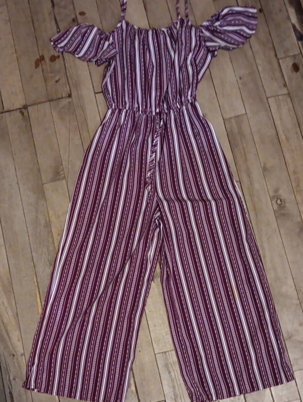 Girls' Cold-Shoulder Striped Jumpsuit in Burgundy